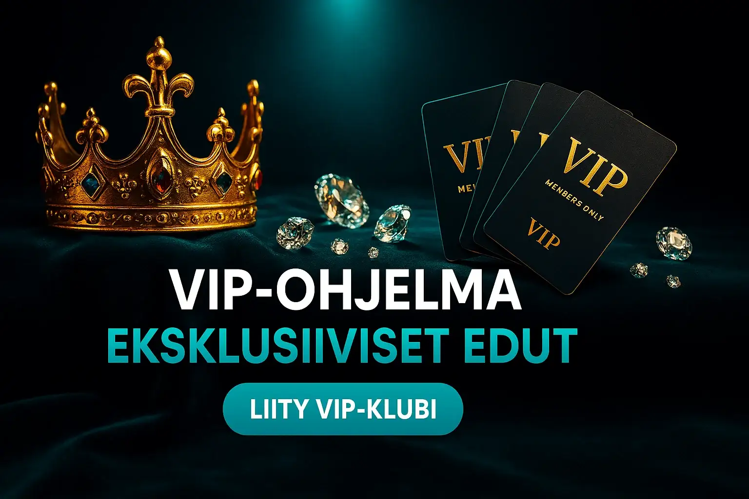 VIP-kasino banneri, kultakruunu, mustat jäsenkortit ja timantit teal-valossa