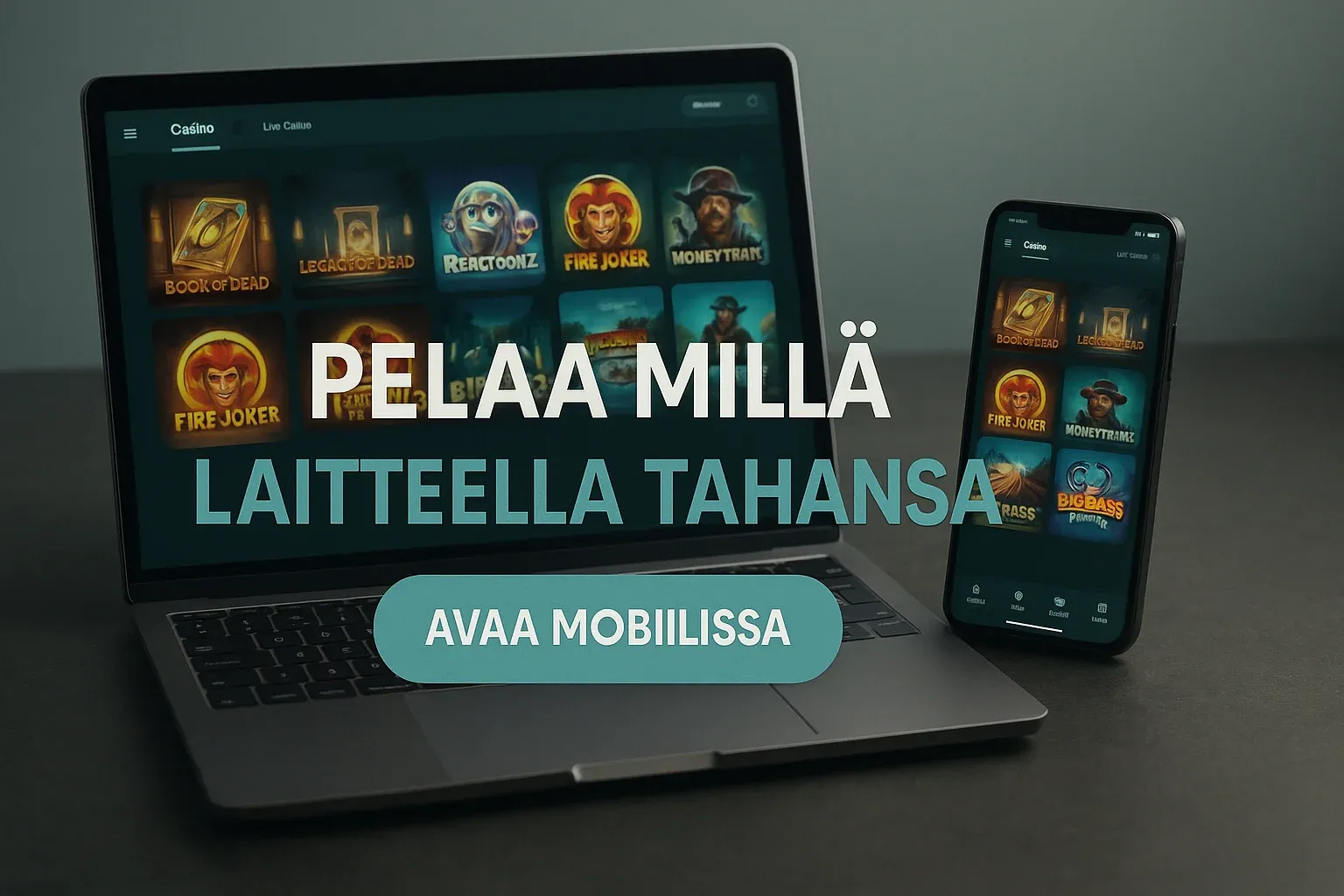 Suomalainen kasinomainosbanneri, kannettava ja älypuhelin näyttävät samaa pelilobbyä