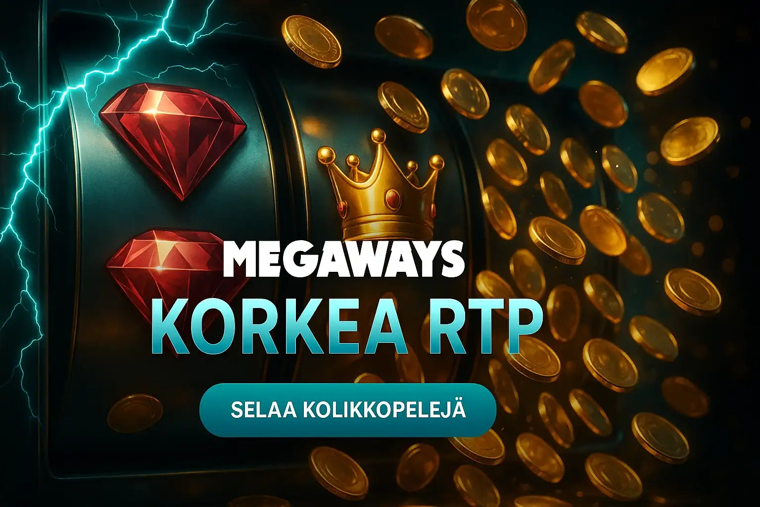 Fotorealistinen suomalainen kasinobanneri, Megaways, korkea RTP ja kolikkopelit CTA