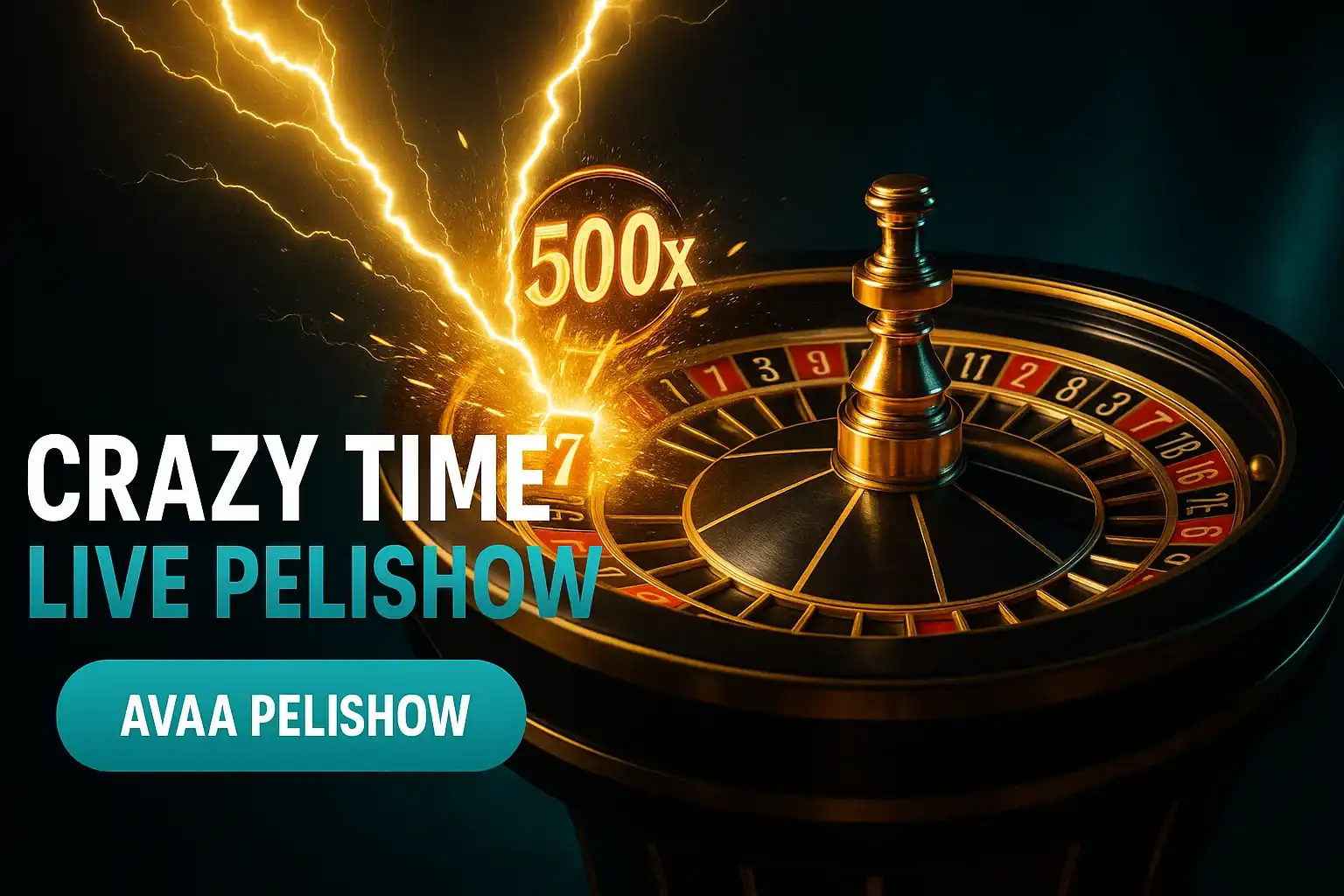 Fotorealistinen Lightning Roulette -banneri, keltainen salama osuu numeroon 7, 500x