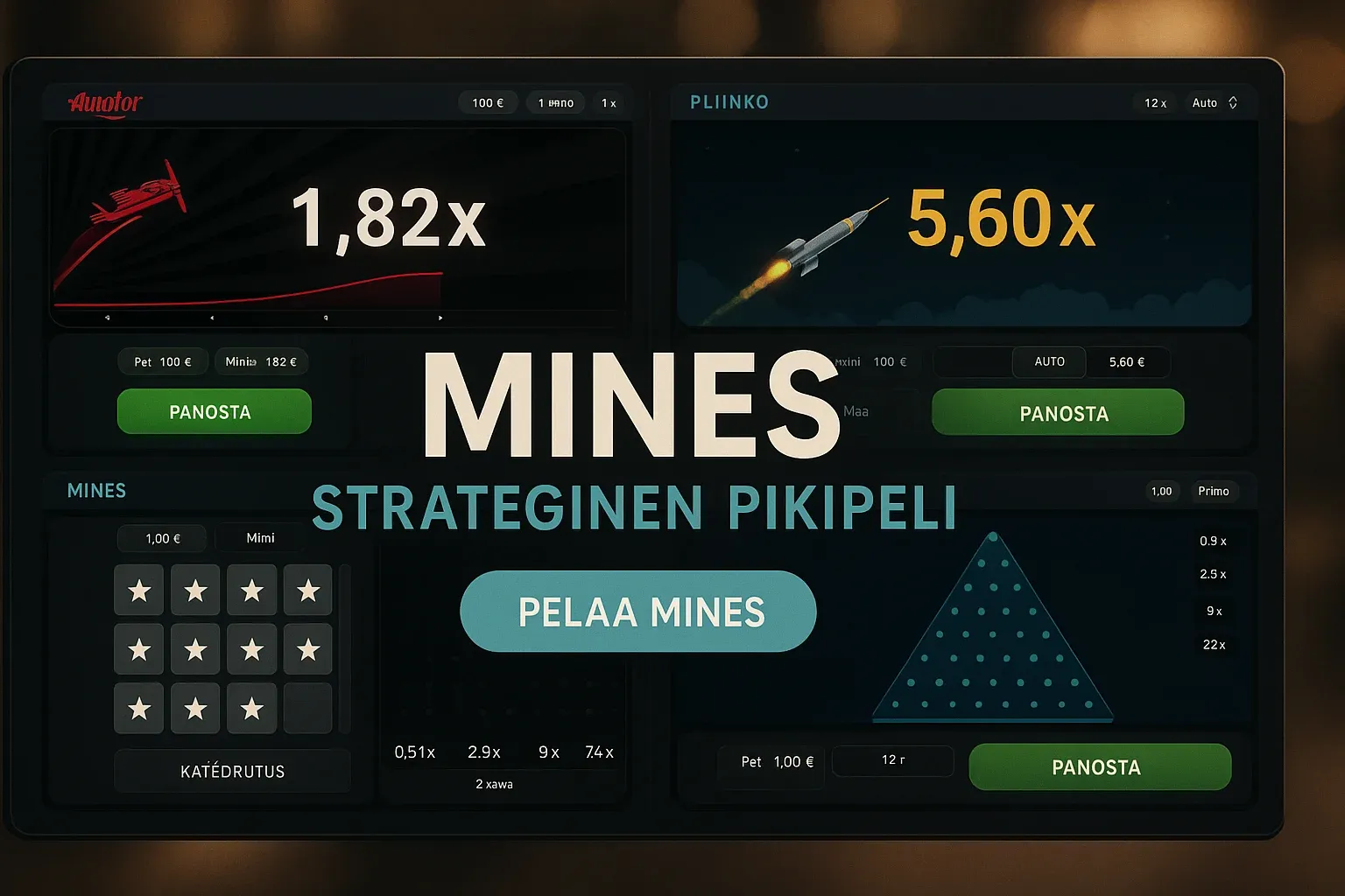 Leveä suomalainen kasinobanneri Mines-pikapelistä, neljä pelinäkymää ja CTA-painike
