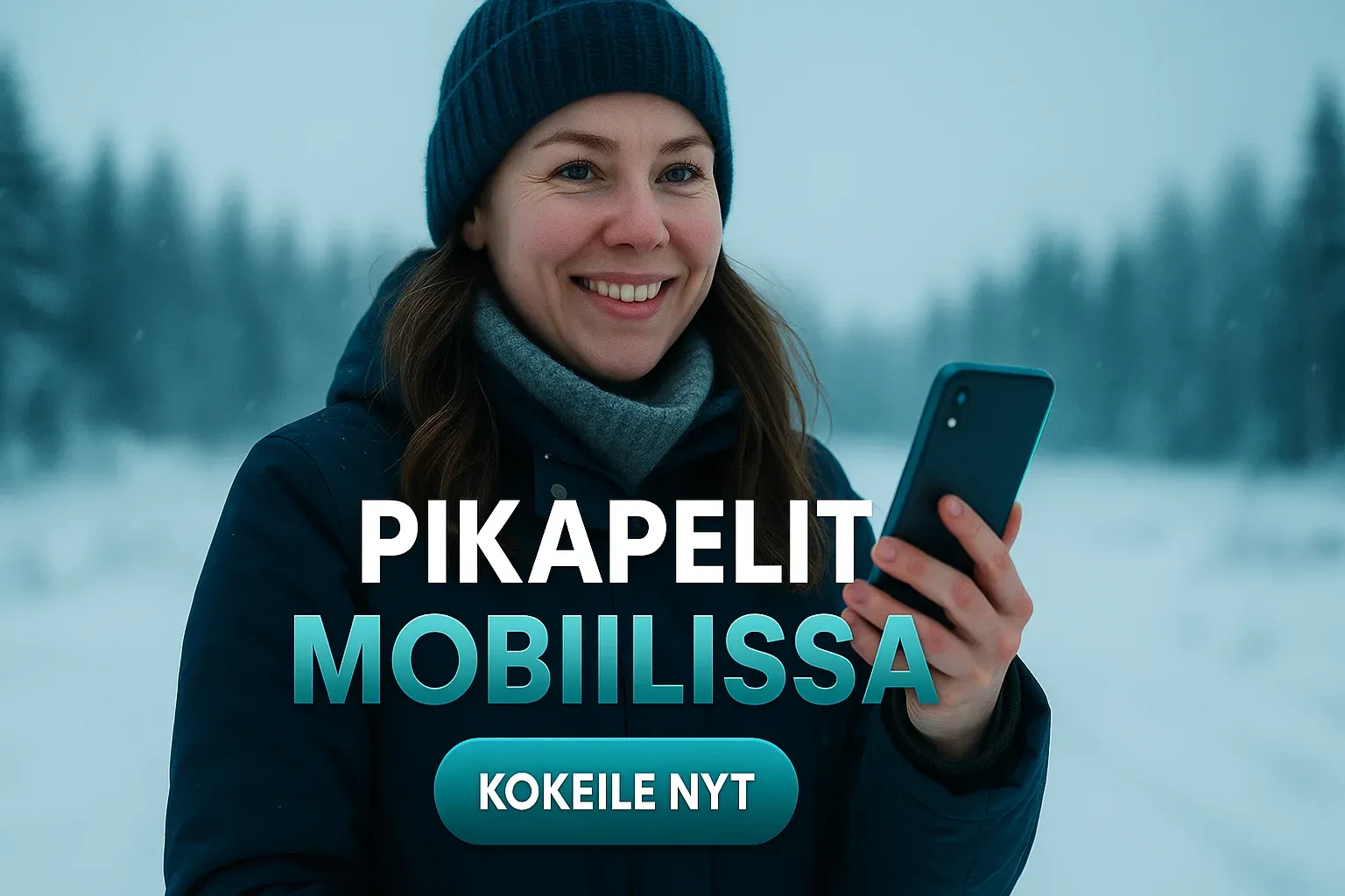 Suomalainen nainen talvimaisemassa pitelee älypuhelinta, kasinobanneri tekstillä