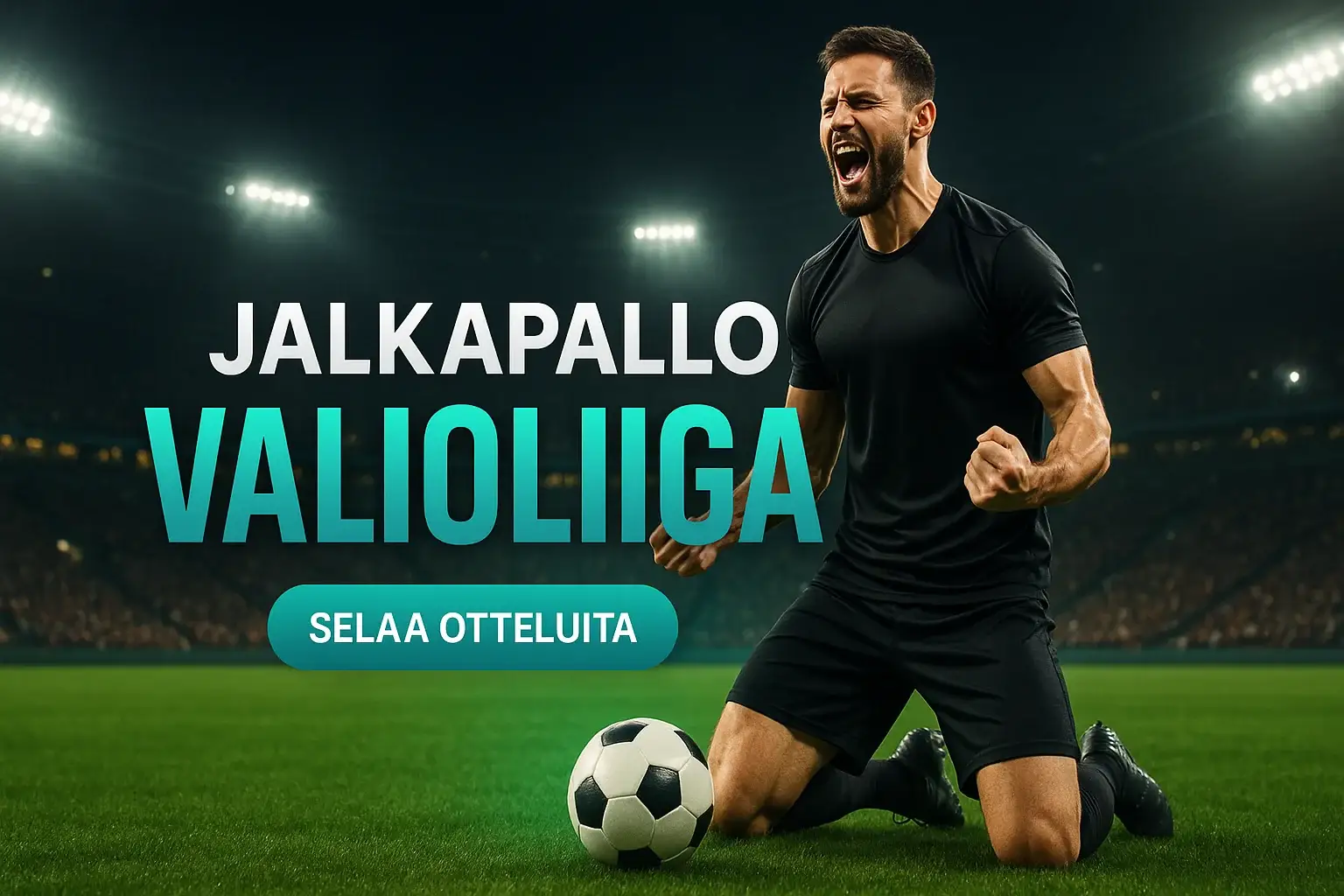 Fotorealistinen suomalainen vedonlyöntibanneri jalkapallosta, stadion ja CTA-painike
